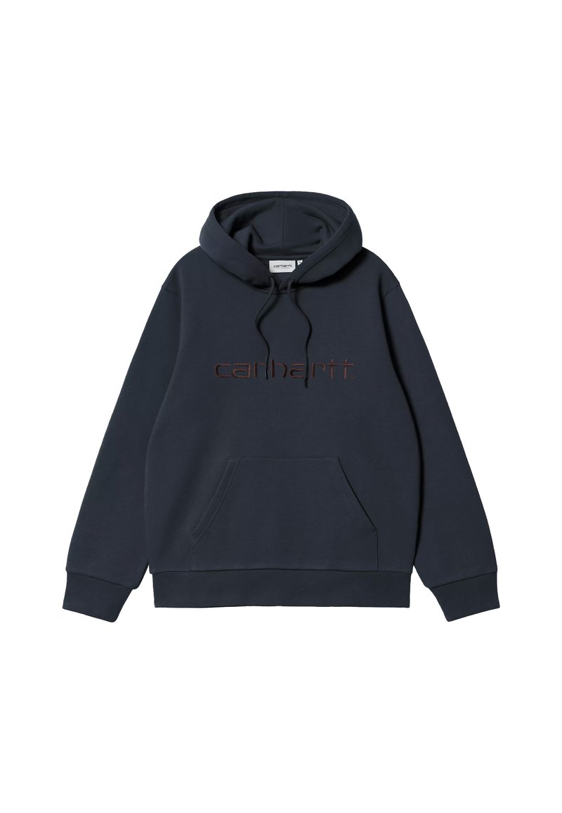 Felpa Carhartt di colore blu navy con tasca a marsupio frontale, cappuccio regolabile con coulisse e logo Carhartt ricamato sulla parte anteriore.