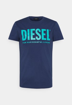 Granatowy t-shirt z krótkim rękawem, z pogrubionym turkusowym tekstem "DIESEL" oraz mniejszym tekstem "FOR SUCCESSFUL LIVING" z przodu.