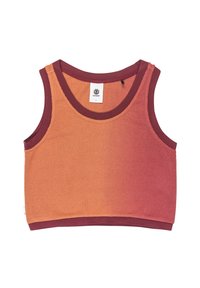 Orange and burgundy sleeveless crop top with a ribbed texture and a rounded neckline. Tag sewn inside with brand logo.