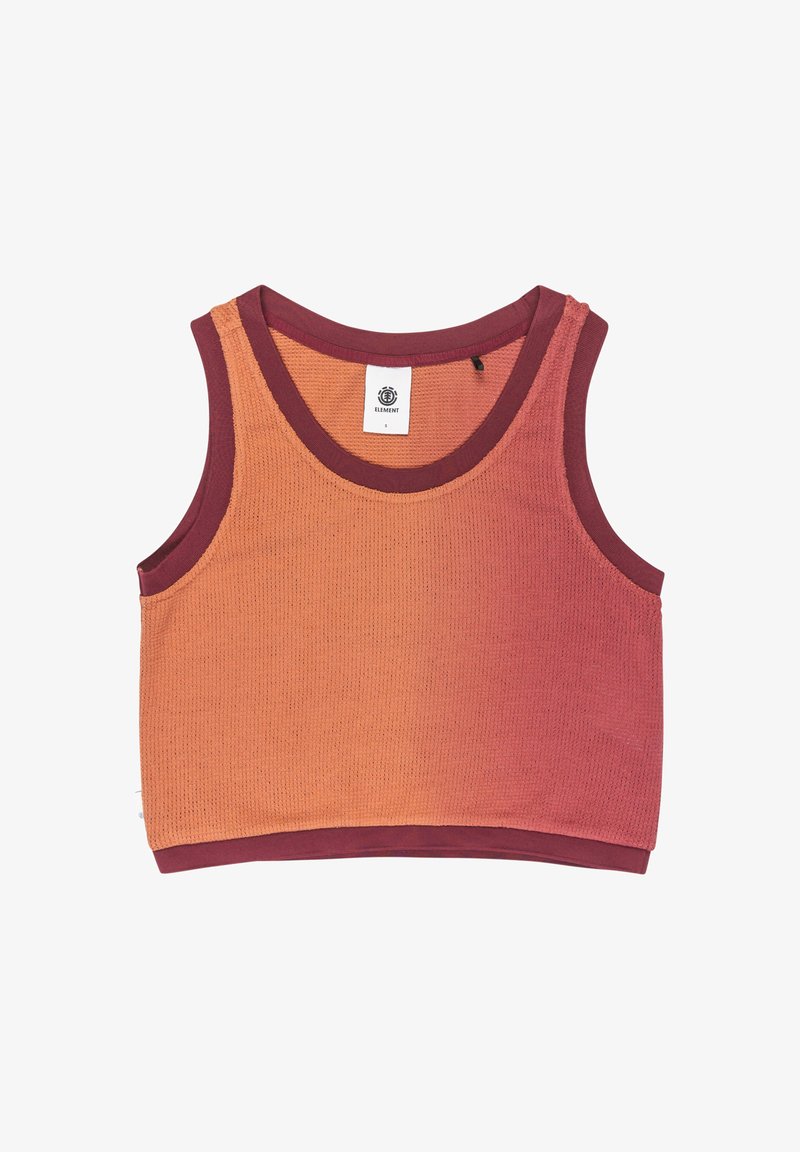 Orange and burgundy sleeveless crop top with a ribbed texture and a rounded neckline. Tag sewn inside with brand logo.