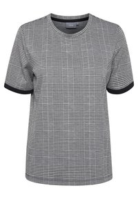 Camiseta de manga corta con un patrón de cuadros en blanco y negro. Presenta un escote redondo y acentos negros contrastantes en las mangas.