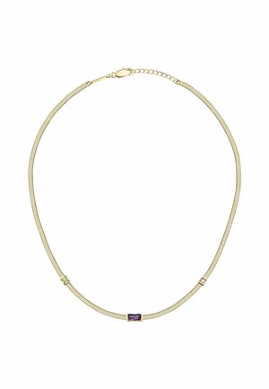 Guldtonad halsband med en flexibel kedja och tre färgade ädelstenar: en lila centralsten och två mindre gröna och rosa stenar.