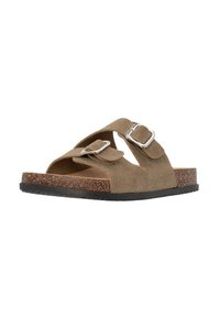 Suede bruna slidesandaler med två justerbara spännen, korkfotbädd, svart gummisula och öppen tå-design.