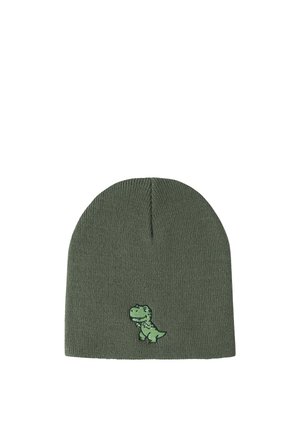 Bonnet tricoté vert avec un petit dinosaure de dessin animé brodé au centre devant.