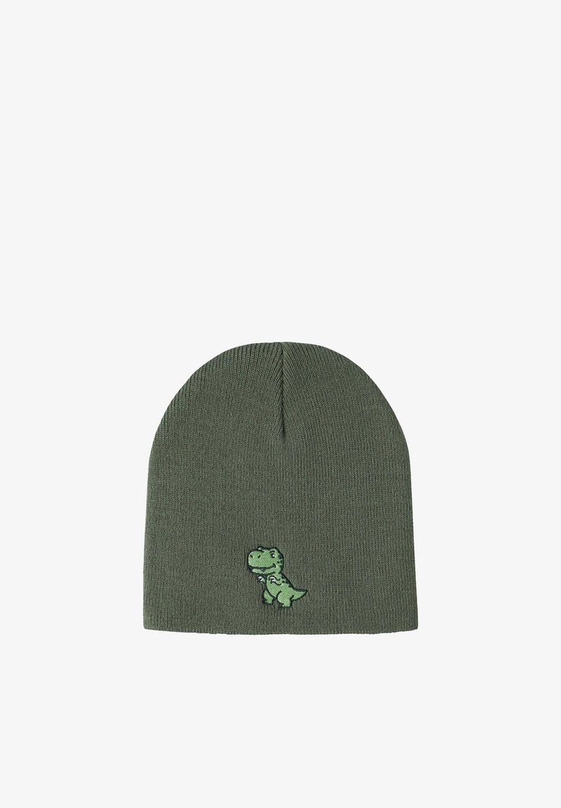 Bonnet tricoté vert avec un petit dinosaure de dessin animé brodé au centre devant.