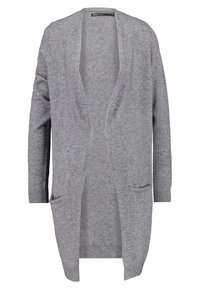 Szary kardigan wykonany z teksturowanego dzianiny, z otwartym przodem, długimi rękawami i dwoma przednimi kieszeniami. Casualowy, lekki styl.