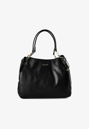 Sac à main Liu Jo en cuir noir avec doubles poignées, accents en métal doré et un pompon sur le côté.