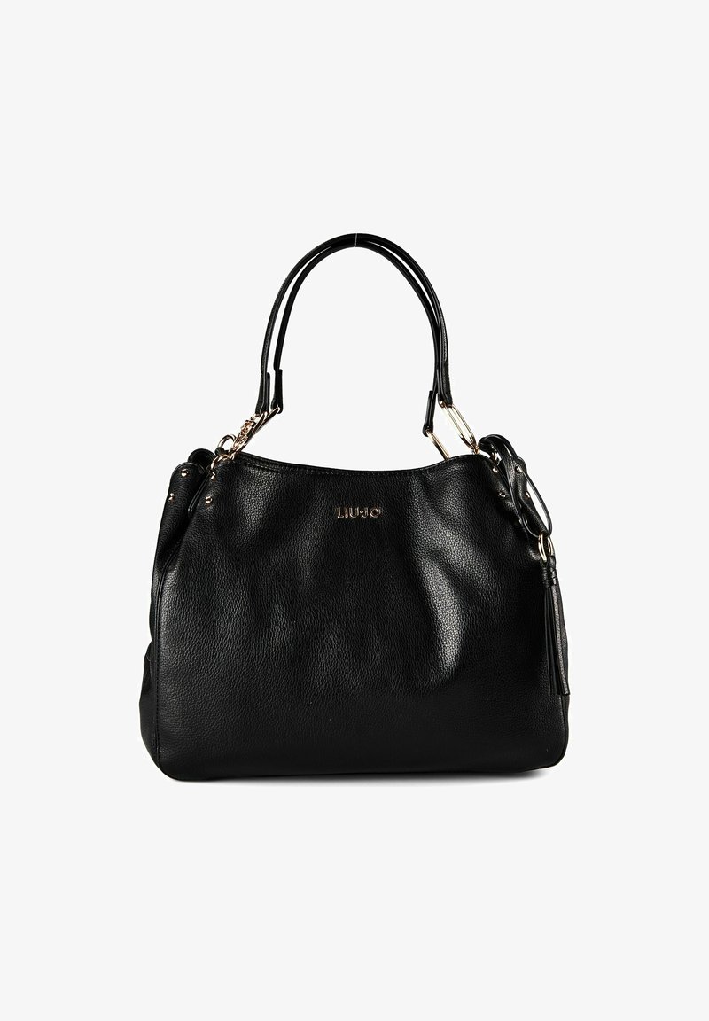Sac à main Liu Jo en cuir noir avec doubles poignées, accents en métal doré et un pompon sur le côté.