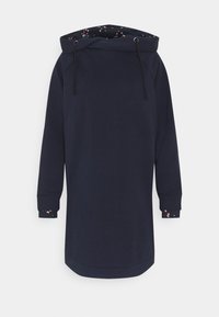 Vestido sudadera capucha en color navy con un corte holgado. Presenta una capucha con cordón y un patrón floral en el interior de la capucha y los puños. Textura suave.