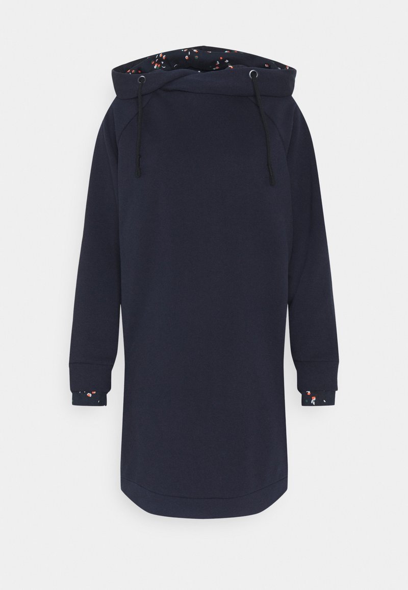 Vestido sudadera capucha en color navy con un corte holgado. Presenta una capucha con cordón y un patrón floral en el interior de la capucha y los puños. Textura suave.