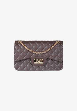 Borsa a tracolla marrone trapuntata in finta pelle con tracolla a catena dorata e chiusura in oro con dettaglio logo sul davanti.