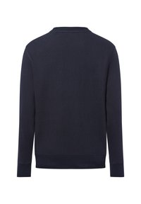 Dunkelblauer Langarm-Pullover mit Rundhalsausschnitt, gerippten Bündchen und Saum, von hinten auf weißem Hintergrund gezeigt.