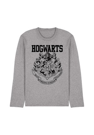 Graues Langarmshirt mit dem Wort Hogwarts und dem Schulwappen von Hogwarts, das vier Tiere und ein lateinisches Motto zeigt.