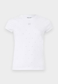 Balta trumpa rankovė t-shirt marškiniai, su apvaliu kaklu ir išsibarsčiusiais sidabro spalvos studais. Audinys yra lygus ir lengvas.