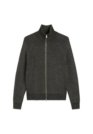 Dark gray zip-up sweater made of ribbed fabric. Features a high collar and fitted cuffs. Simple design without additional embellishments.