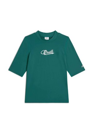 Zelena kratka rokav rash guard majica z belim logotipom "O'neill" na sredini prsnega koša in majhno etiketo na levem rokavu.