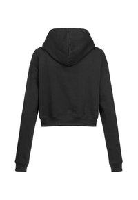 Musta lyhyt huppari pitkällä hihalla ja hupulla, esitetty takaa valkoisella taustalla.