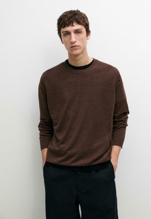 Junger Mann mit kurzem braunem Haar, der einen braunen Rundhalsausschnitt-Pullover über einem schwarzen Hemd trägt, die Hände in den Taschen dunkler Hosen, vor einem schlichten weißen Hintergrund.