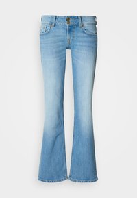 Jeans acampanados de mezclilla azul claro con cintura alta, con cierre clásico de botones, cinco bolsillos y un lavado desgastado para un efecto degradado.