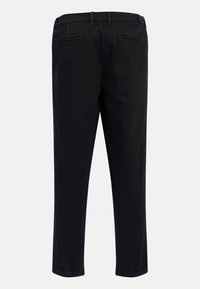 Black tailored trousers with straight legs, belt loops, and two back welt pockets against a plain light background.
