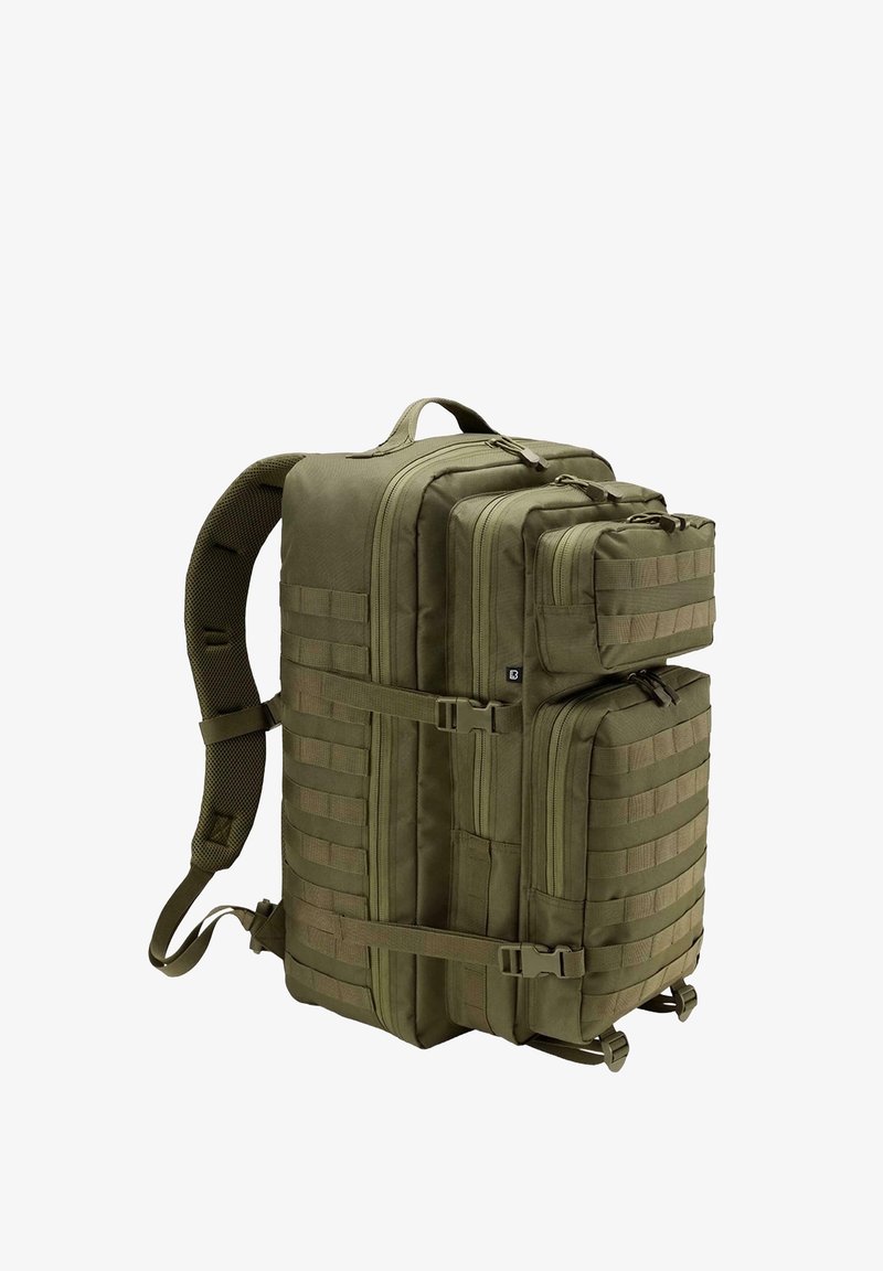 Olivno zelena nahrbtnik z več predeli, trakovi za webbing, trdni zadrge, ojačan ročaj in oblazinjeni naramnice za udobje.