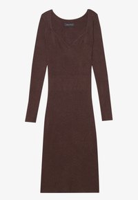 Brown ribbed long-sleeve dress with a scoop neckline and fitted silhouette. Features v-shaped stitching detail on the bodice.