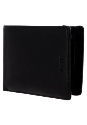 Portafoglio in pelle nera con design pieghevole. Presenta un marchio in rilievo e una texture liscia. Nota: sezioni interne per carte e contanti.