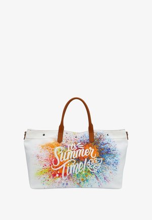 Grande borsa a tracolla bianca in tela con stampa a spruzzo multicolore e il testo "È tempo d'estate!" in bianco, con manici in pelle marrone.