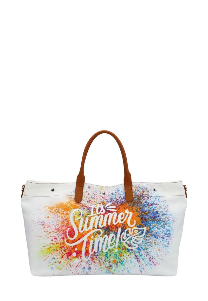 Grande borsa a tracolla bianca in tela con stampa a spruzzo multicolore e il testo "È tempo d'estate!" in bianco, con manici in pelle marrone.