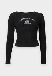 Μαύρο ριμπ πλεκτό μακρυμάνικο τοπ με στρογγυλή λαιμόκοψη και λευκό γραφικό κείμενο που γράφει «ELISABETTA FRANCHI SINCE 1998 LIMITED EDITION».