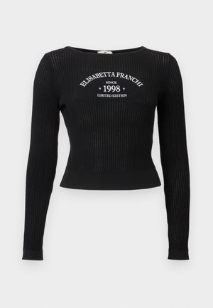 Černý žebrovaný pletený top s dlouhým rukávem, kulatým výstřihem a bílým grafickým nápisem "ELISABETTA FRANCHI SINCE 1998 LIMITED EDITION."