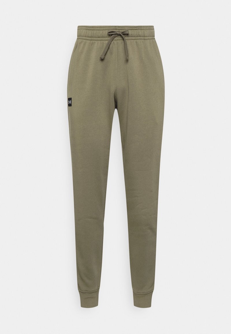 Olivegrüne Jogginghose aus weichem Stoff, mit elastischem Bund und Kordelzug, zulaufenden Beinen und einem kleinen Logopatch.