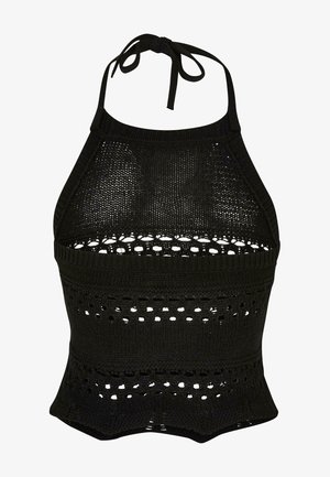 Čierny pletený halter top s priedušnou otvorenou štruktúrou, s vlnkovaným lemom a dizajnom na viazanie za krkom, s vzorovanými horizontálnymi výrezmi.