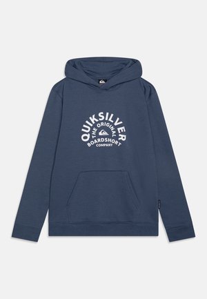 Felpa con cappuccio blu navy, in misto cotone, con tasca anteriore e cappuccio con coulisse. Testo del logo bianco sul petto. Tessuto liscio.