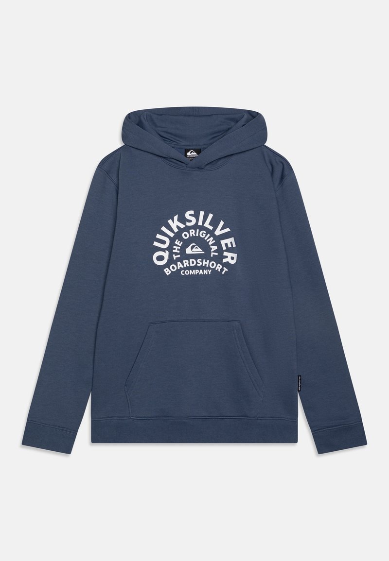 Sweat à capuche bleu marine en mélange de coton, doté d'une poche avant et d'une capuche avec cordon. Texte du logo blanc sur la poitrine. Texture lisse.