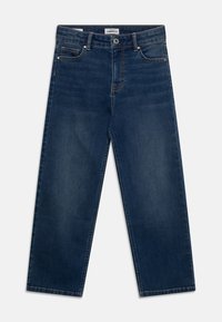 Tmavě modré džíny z denimu se střihovým střihem, pět kapsami, zapínáním na knoflík a zlatými švy na švech. Lehká textura.