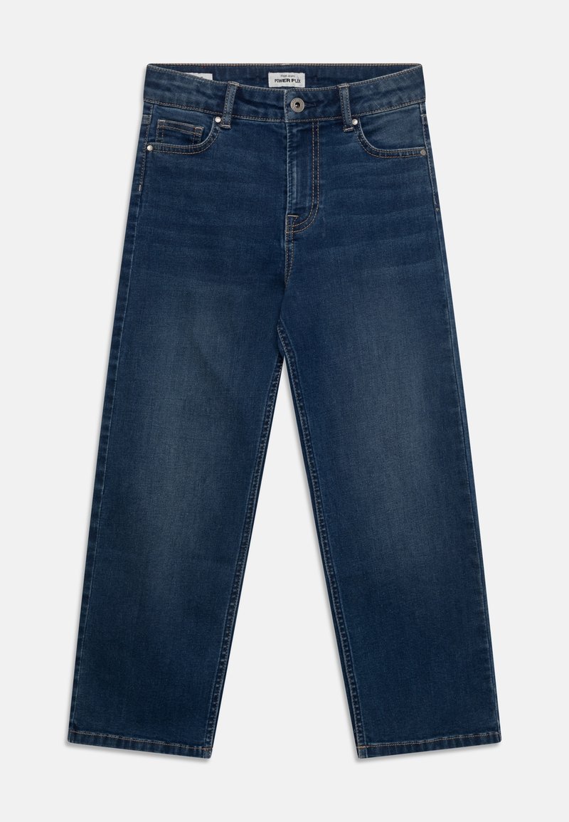 Tmavě modré džíny z denimu se střihovým střihem, pět kapsami, zapínáním na knoflík a zlatými švy na švech. Lehká textura.