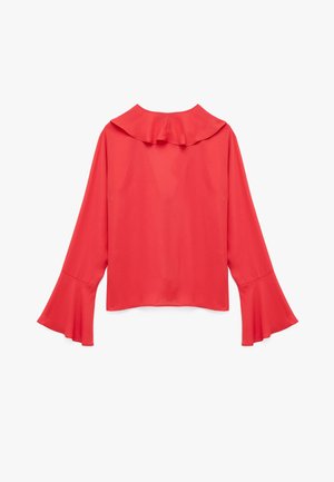 Rode blouse met een gerimpelde kraag, uitlopende mouwen en een losse pasvorm. Gemaakt van lichte stof met een gladde textuur.