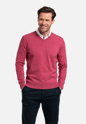 Red v-neck sweater made of soft knit fabric, featuring ribbed cuffs and waistband. Worn over a white collared shirt, paired with dark pants.