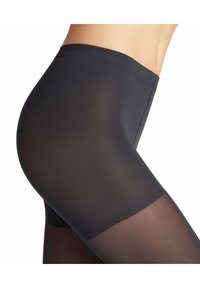 Collant neri trasparenti caratterizzati da una finitura liscia con una vita rinforzata e una leggera lucentezza, che mettono in evidenza una vestibilità aderente lungo la gamba.