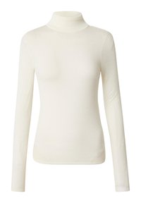 Weißes Langarm-Turtleneck-Oberteil aus weichem, strukturiertem Stoff. Hat ein eng anliegendes Design und Rippenelemente am Kragen und den Bündchen.
