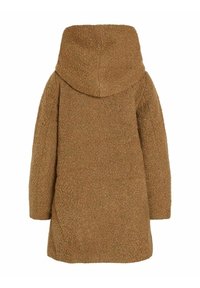 Abrigo marrón con capucha, hecho de una tela texturizada y suave, que presenta mangas largas y una silueta relajada, diseñado para brindar calidez y comodidad.