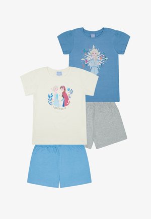Twee-delig kinderpyjama set met een lichtblauwe bovenkant met karakterontwerp, een crèmekleurige top met een grafisch ontwerp en grijze shorts.