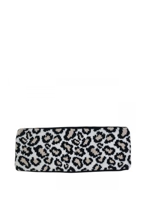 Rectangular fabric headband with black, white, and beige leopard print pattern, laid flat on a white background.