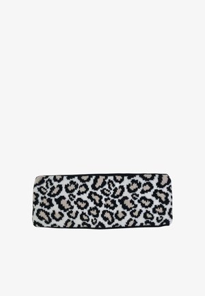 Rectangular fabric headband with black, white, and beige leopard print pattern, laid flat on a white background.