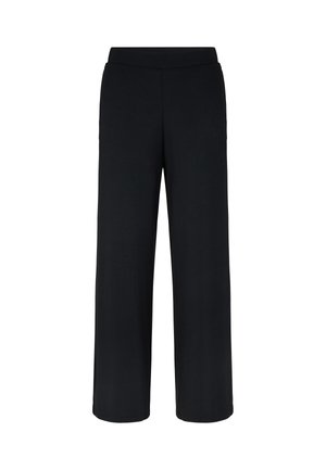 Zwarte wijde broek met een elastische tailleband, met een gladde textuur en zonder zichtbare zakken of patronen.