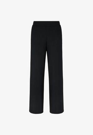 Schwarze weite Hosen mit elastischem Bund, ausgestattet mit einer glatten Textur und ohne sichtbare Taschen oder Muster.