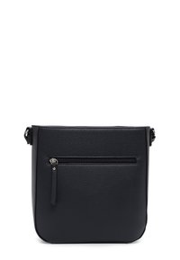 Schwarze Umhängetasche aus strukturiertem Leder mit einer horizontalen Reißverschlusstasche vorne und verstellbaren Riemenbefestigungen auf beiden Seiten.