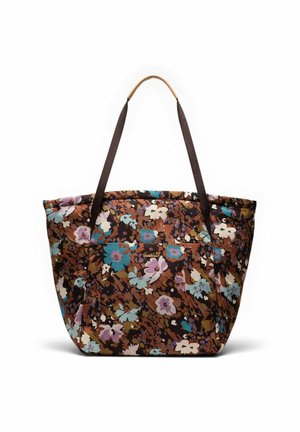 Sac fourre-tout floral avec un fond brun, présentant des fleurs turquoise, violettes et blanches, de solides anses brunes et un logo de marque subtil.