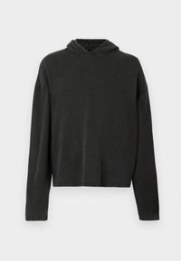 Sweatshirt à capuche gris foncé avec des manches longues, une coupe légèrement raccourcie et une finition en tissu doux et texturé. Design simple sans motifs.